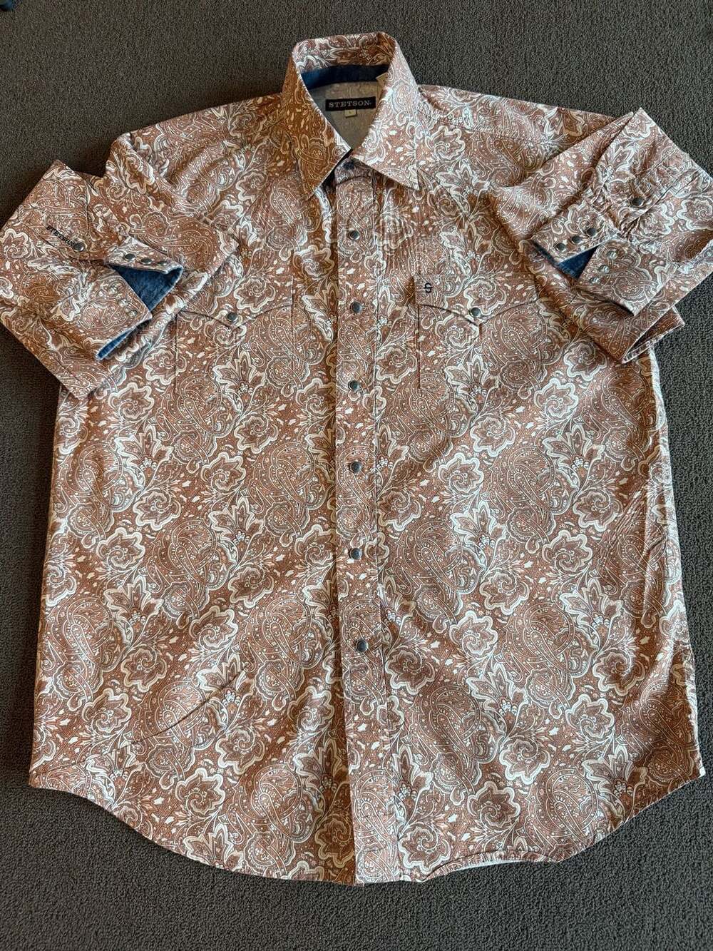 Stetson Men's Brown Paisley Print Snap Front Western Shirt Size Large